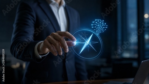 Businessman interacting with a holographic digital compass and AI brain interface