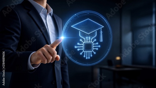 Businessman touching holographic AI graduation cap icon for digital education technology