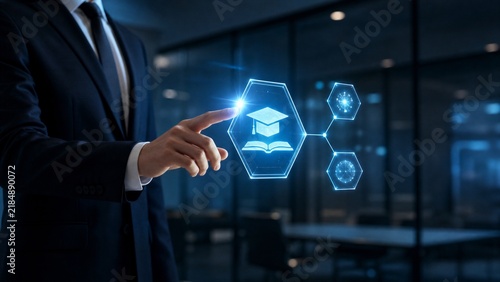Businessman touching holographic education icon for digital learning and corporate training