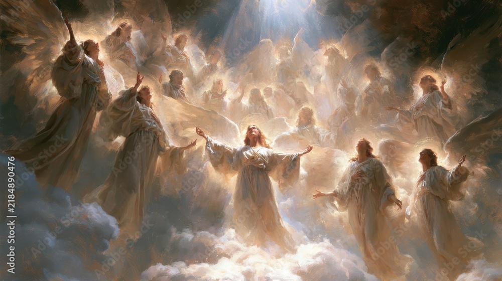 Fototapeta premium A choir of angels singing in the heavens, glowing auras, soft clouds, classical baroque painting style, heavenly and grand