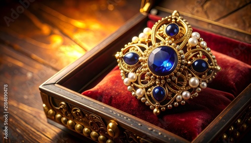 Vintage gold brooch with sapphire and pearls in jewelry box