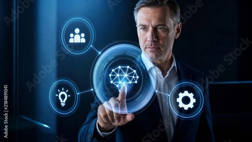 Businessman interacting with digital AI brain interface and futuristic holographic icons
