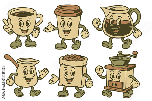 Vintage coffee-themed mascot characters with cheerful expressions, isolated png background