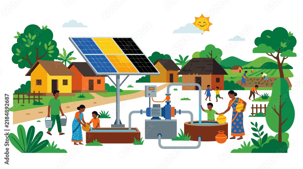 Naklejka premium Indian Rural Village Life with Solar Powered Water Pump System Illustration