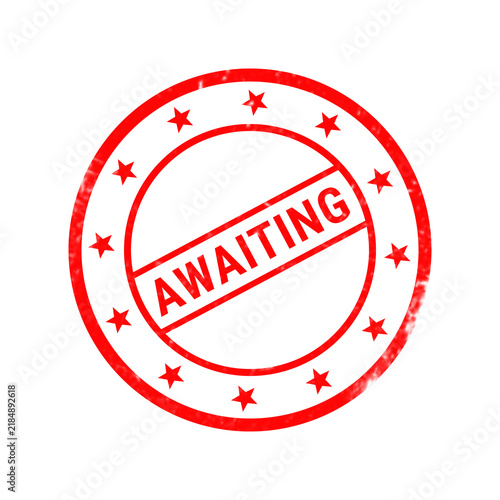 Fotografie Red awaiting rubber stamp icon, circular grunge seal with stars, distressed offi