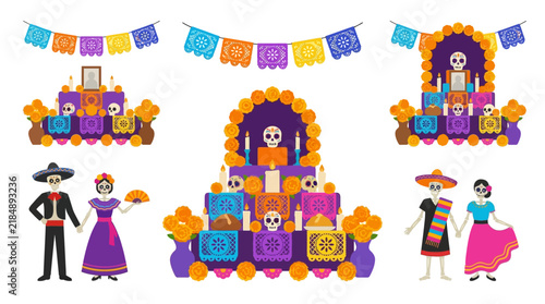 Dia de los Muertos Collection with Altars Ofrendas and Catrina Characters
