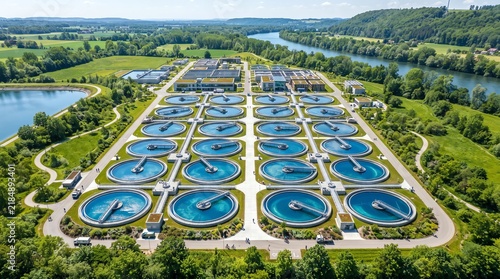 Aerial view of a modern water treatment plant with circular filtration tanks and green landscape.