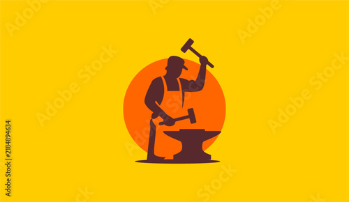 Blacksmith silhouette with hammer and anvil vector illustration, metal worker smithy concept