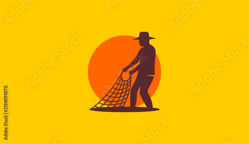 Fisherman casting net silhouette at sunset vector illustration, fishery worker concept