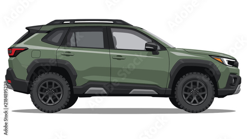 Rugged Olive Green SUV Side View Off Road Flat Vector Illustration on White Background