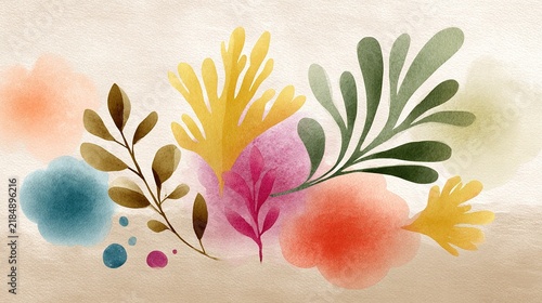 Watercolor botanical elements banner, Abstract organic abstract pattern backdrop, Nature decorative floral illustration