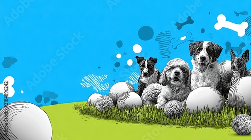 Diverse dogs on grass background, Whimsical sketch art illustration, Pet care and pet store banner