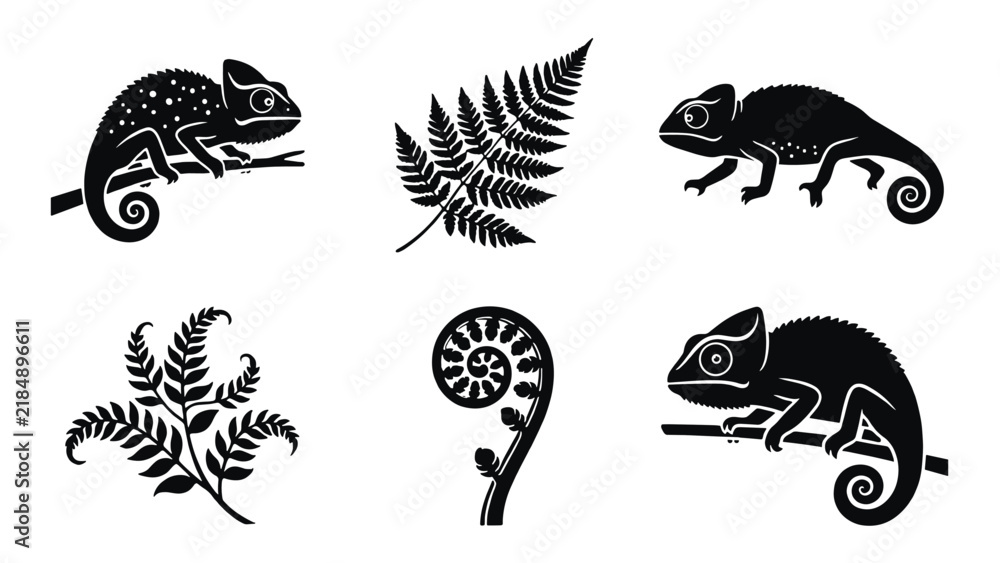 Fototapeta premium Set of black and white featuring chameleons on branches and various fern leaves, isolated on a white background