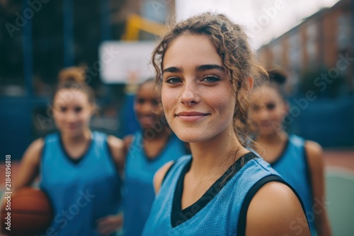 A confident female basketball player smiles, teammates blurred on court. Excellent for concepts of sports, healthy youth, and team spirit ads.