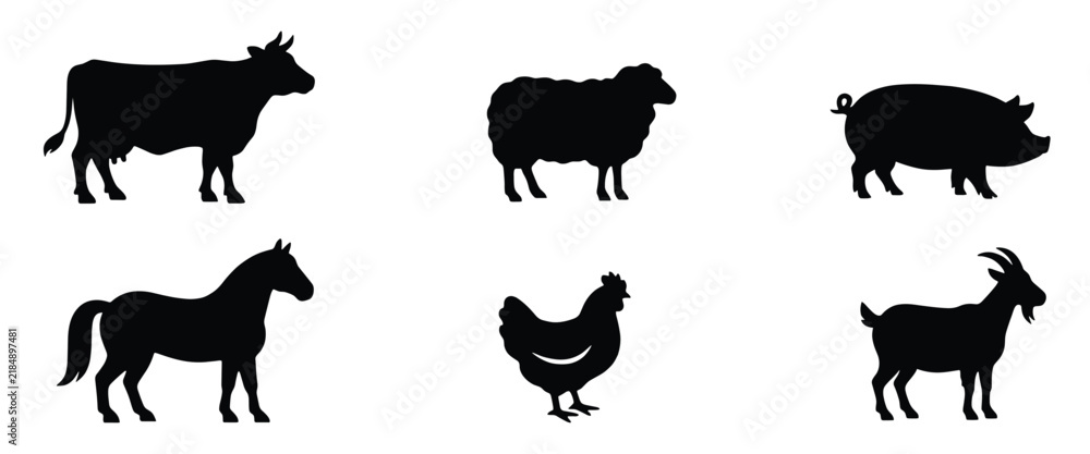 Obraz premium Set of black silhouettes of farm animals including a cow, sheep, pig, horse, chicken, and goat, isolated on a white background