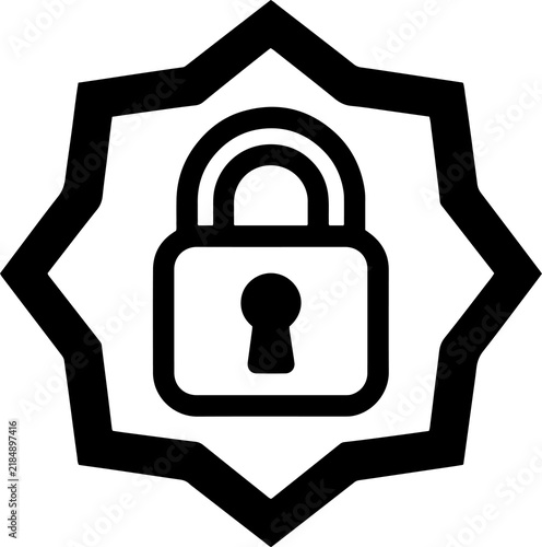 Closed padlock inside an outline starburst or geometric badge icon vector design