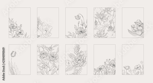 Set of card with blooming hand drawn flowers and brunch. Detailed template layout design, brochure or cover for Valentines day or wedding