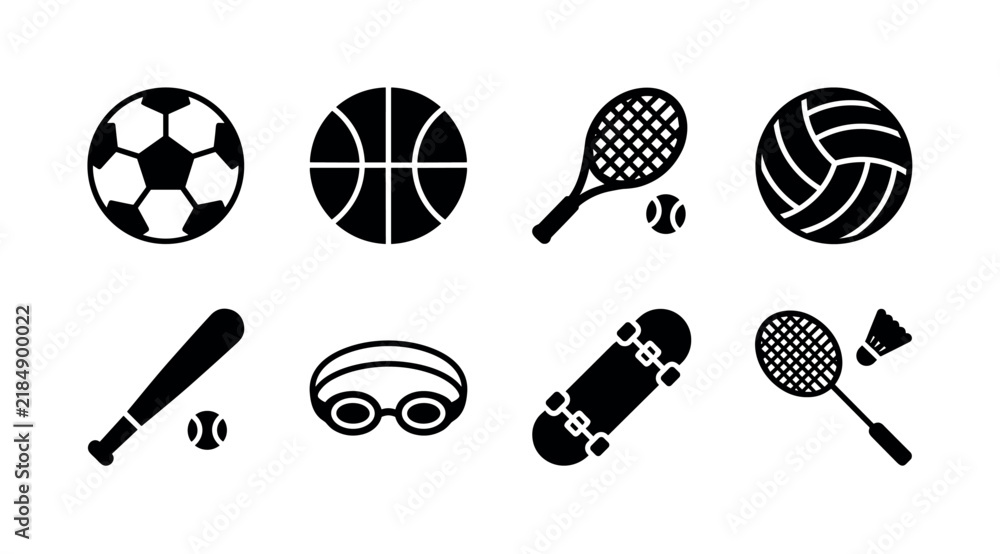 Obraz premium Family Sports Activities. Filled icon set of Family Sports Activities: soccer ball, basketball, tennis racket, volleyball, baseball bat, swimming goggles, skateboard, badminton racket. Solid icons