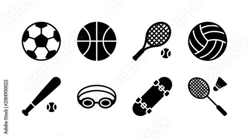 Family Sports Activities. Filled icon set of Family Sports Activities: soccer ball, basketball, tennis racket, volleyball, baseball bat, swimming goggles, skateboard, badminton racket. Solid icons