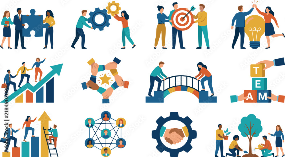 Fototapeta premium Business Teamwork and Leadership Icon Set Featuring Collaboration, Strategy, Target Goals, Growth, Networking, Partnership, Team Building, and Success