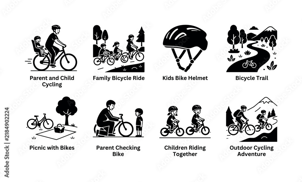 Fototapeta premium Family Bike Activity. Filled icon set of Family Bike Activity: parent and child cycling, family bicycle ride, kids bike helmet, bicycle trail, picnic with bikes, parent checking bike, children riding