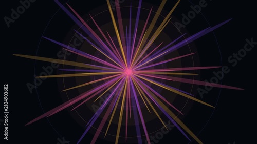 Spinning starburst rays loop, pink violet gold on black, 4K