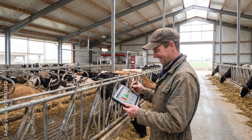 Farmer uses tablet to monitor cows and farm data in modern barn