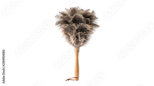 Brown ostrich feather duster with long wooden handle on white background