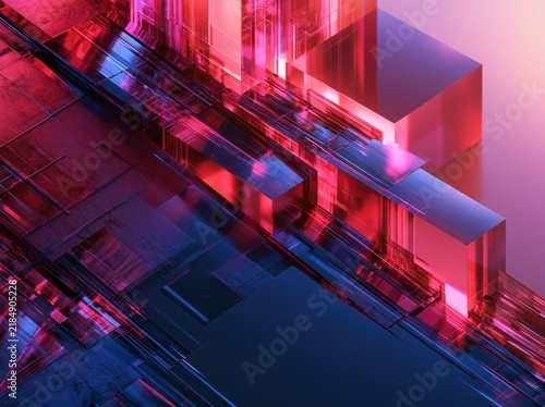 Abstract 3D render with glowing red and blue geometric glass shapes