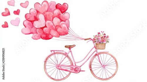 Watercolor illustration of a vintage pink bicycle with a basket full of colorful flowers and a large bunch of floating pink hearts, isolated on white background