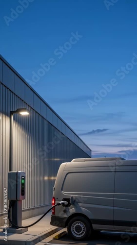 Electric car charging at dusk beside modern building