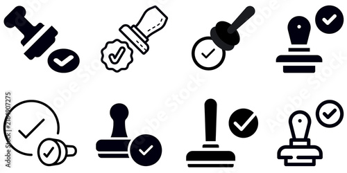 Approved and certified thin line icon set. Containing validation, quality, agreement, badge medal, licence, checkmark, selection, accept, stamp