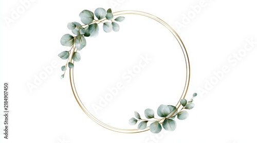 Elegant circular golden frame decorated with watercolor eucalyptus leaves, isolated on white background