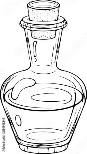 Potion bottle sealed with a cork. Glass vial with liquid. Halloween design for coloring book, sticker, print. Vector illustration in hand drawn doodle sketch style. Line art isolated on white