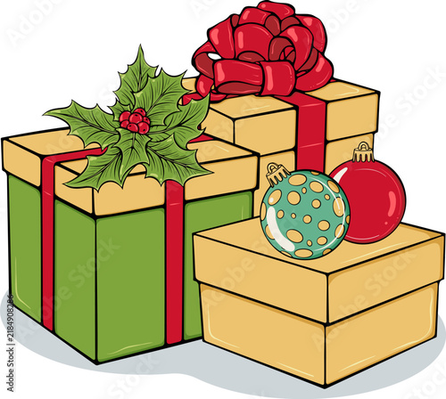 Christmas or New Year composition with gift boxes, tree balls, holly leaves. For holiday decor, winter design. Simple vector color illustration with outline in hand drawn style isolated on white