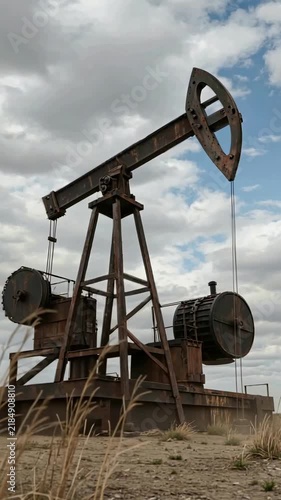 Working oil pumpjack in open petroleum field