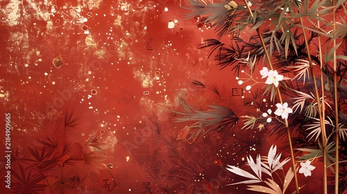 Japanese-style graphic design background featuring plant ornamentation against a red backdrop.