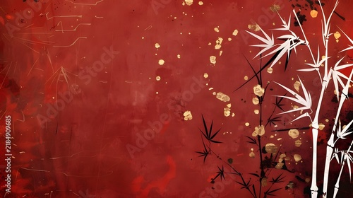 A graphic design background featuring Japanese-style bamboo ornamentation set against a modern red backdrop.