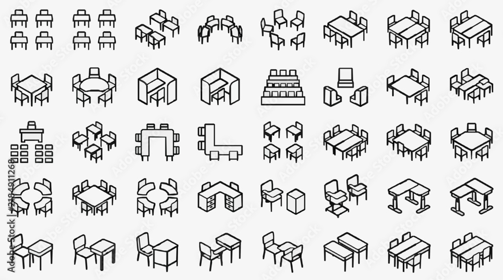 Fototapeta premium Creative furniture arrangements and office setups in minimalist line art style