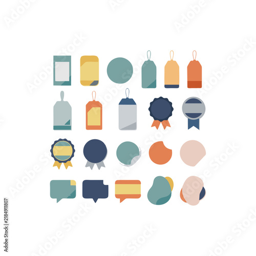 Set of various flat vector labels tags badges and speech bubbles in muted colors.