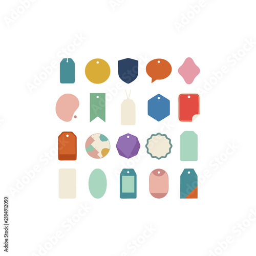 Set of colorful flat vector design elements including various shapes of price tags and labels.