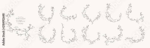 Set of floral whimsical or rococo frames for logo or wedding monogram. Vintage flowers and botanical calligraphy for packaging, greeting card