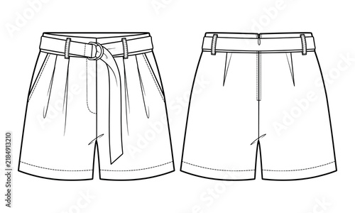 Women high waist belted pleated shorts technical flat sketch template, casual summer shorts front and back view fashion illustration drawing.