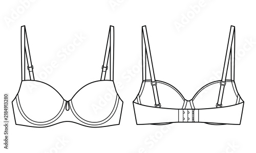 Women classic bra technical flat sketch, front and back view, fashion design template, lingerie outline illustration, bra mockup for CAD.