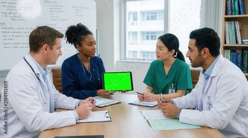 Diverse Medical Professionals Collaborating Around a Tablet Displaying Green Screen