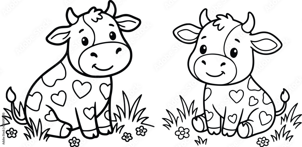 Obraz premium Cute cartoon cow coloring page for kids, adorable baby calf with heart spots in grass, black and white outline vector illustration for children book