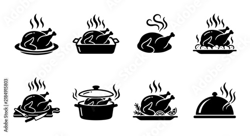 Roasted Chicken Icons Set, Hot Poultry Meal Graphics, Delicious Food Vector Collection