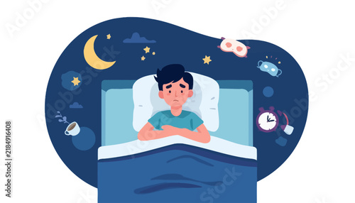 Sleepless man lying awake in bed with a worried expression showing insomnia.