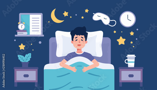 Man lying awake in bedroom trying to fall asleep during night time.
