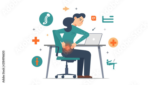 Woman suffering from lower back pain sits at her office desk in front of a laptop.